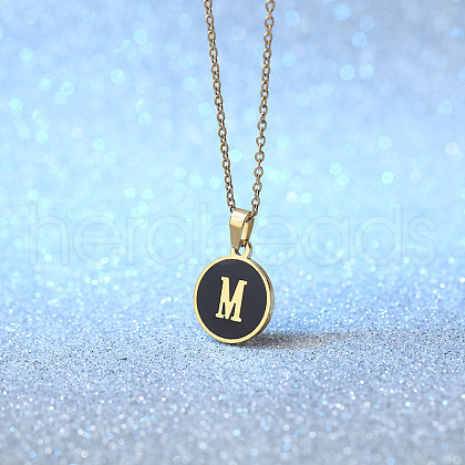 Alloy Black Enamel Flat Round with Letter Pendant Necklaces for Women WG4B845-13-1