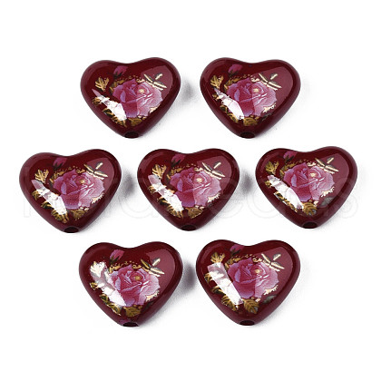 Flower Printed Opaque Acrylic Heart Beads SACR-S305-28-L04-1