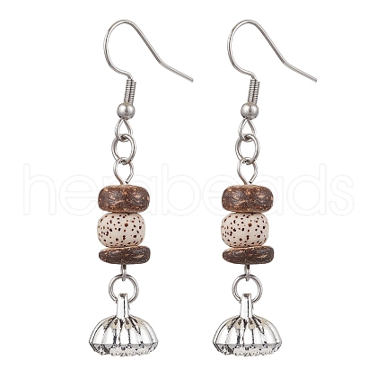 Natural Coconut Bodhi & Alloy Dangle Earrings EJEW-JE06173-01-1
