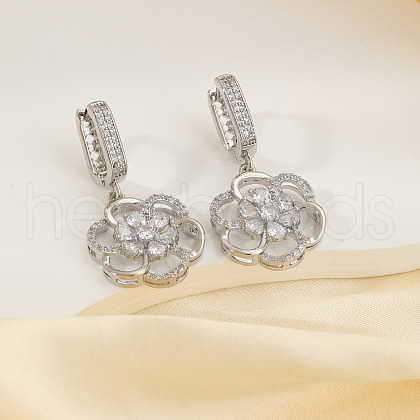 Elegant Brass Clear Cubic Zirconia Flower Hoop Earrings FY4610-1-1