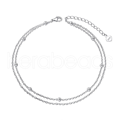 Rhodium Plated 925 Sterling Silver Double Layered Cable Chain Anklet with Beads for Women AJEW-F162-005P-1