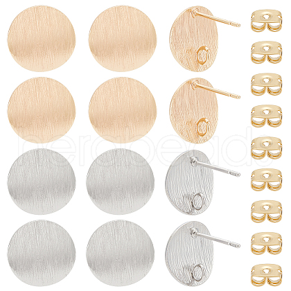 BENECREAT 12Pcs 2 Colors Flat Round Brass Ear Stud Findings KK-BC0012-28-1