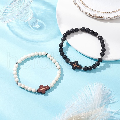 2Pcs Cross Natural Lava Rock & Synthetic Turquoise & Wood Round Beads Stretch Bracelets for Men Women BJEW-JB11832-1