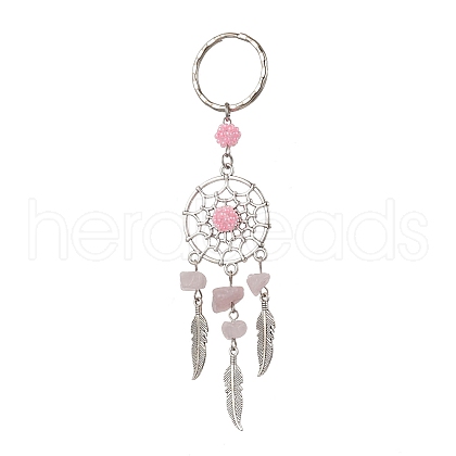 Woven Net/Web with Feather Alloy & Natural Rose Quartz & Glass Seed Keychains KEYC-MZ00041-02-1