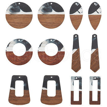 HOBBIESAY 12Pcs 6 Styles Resin & Walnut Wood Pendants WOOD-HY0001-19-1