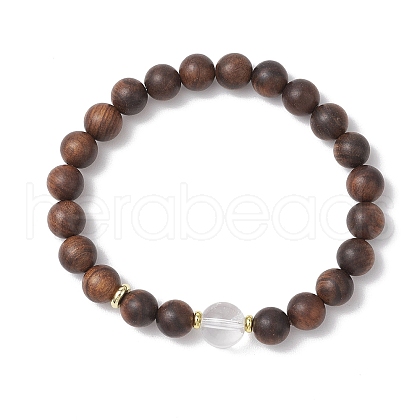 Natural African Padauk Wood & Quartz Crystal Round Beaded Stretch Bracelets for Women BJEW-JB11929-02-1