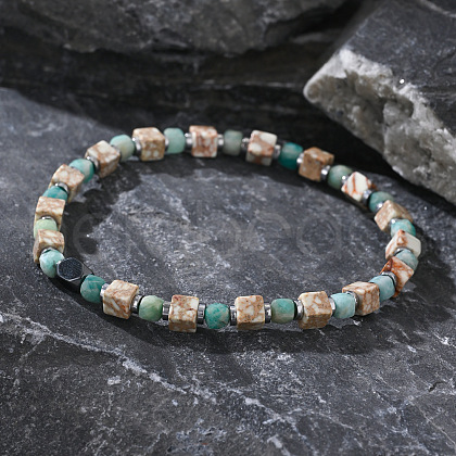 Sqaure Natural Imperial Jasper & Amazonite Beads Stretch Bracelets for Men CG9622-1