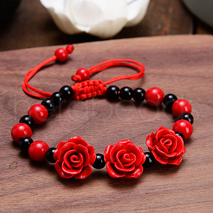 Rose Adjustable Cinnabar Braided Bead Bracelets WG3AA70-13-1