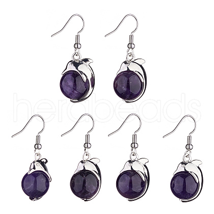 Natural Amethyst Dolphin Dangle Earrings with Crystal Rhinestone EJEW-A092-20P-16-1