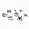 7Pcs 7 Style Skull & Snake & Butterfly & Mushroom & Claw Alloy Cuff Rings Set for Halloween HAWE-PW0001-240-1