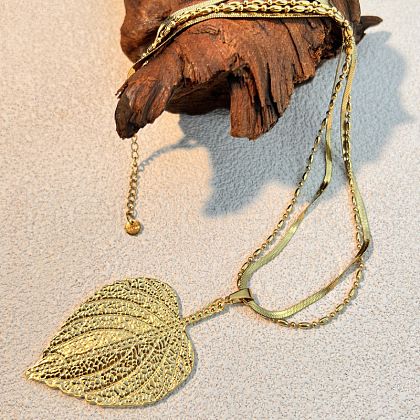 304 Stainless Steel Leaf Pendant Double Layered Necklaces for Women NJEW-U051-02G-1