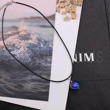 Luminous Zinc Alloy & Glass Flat Round with Constellation Pendant Black Korean Waxed Cord Necklaces WG08639-04-1