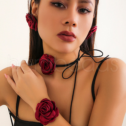 Rose Faux Suede with Satin Fabric Pendant Choker Necklace & Stud Earring & Bracelet FS-WG3A334-01-1