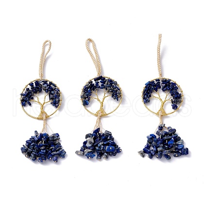 Wire Wrapped Chips Natural Lapis Lazuli Big Pendant Decorations HJEW-H057-03G-1