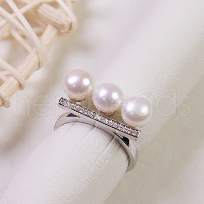 Mother's Day Jewellery 3-Round Brass Crystal Rhinestone & Natural Freshwater Pearl Finger Rings WG00424-03-1