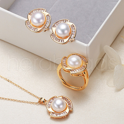 Brass Micro Pave Clear Cubic Zirconia Pendant Necklaces & Stud Earrings & Rings Sets WG2C5C9-03-1