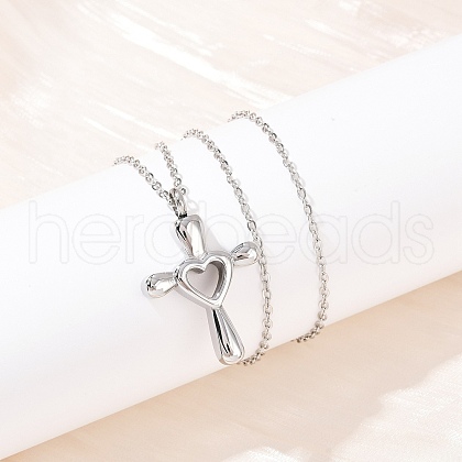 304 Stainless Steel Heart Cross Pendant Pet Urn Ashes Necklaces NJEW-S455-05P-1