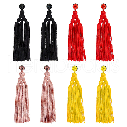 FIBLOOM 4 Pairs 4 Colors Polyester Tassels Earrings with Seed Beaded EJEW-FI0002-96-1