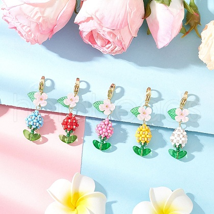 Flower Glass Pearl & Seed Beads Pendant Decorations HJEW-MZ00274-1