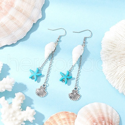 Shell Shape with Starfish Dangle Earrings EJEW-TA00640-1