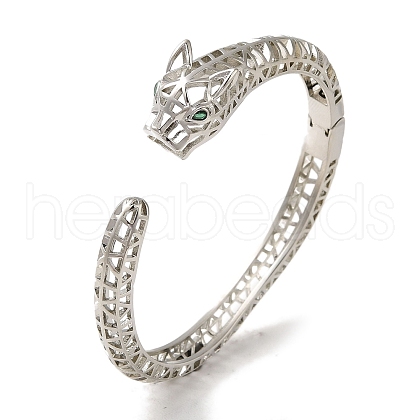 Brass Pave Clear & Green Cubic Zirconia Leopard Open Cuff Bangle for Women BJEW-K246-20D-P-1