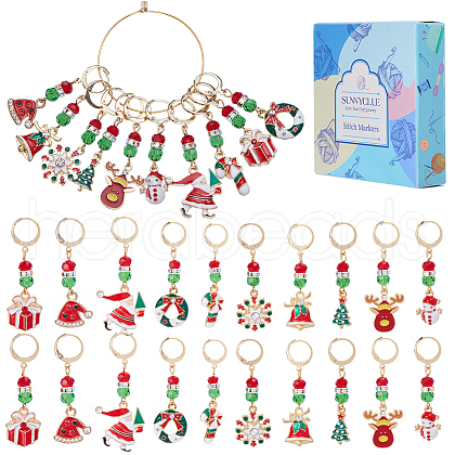 Christmas Theme Alloy Enamel Rhinestone Pendant Locking Stitch Markers HJEW-SC00001-1
