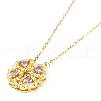 Brass Pave Cubic Zirconia Heart Clover Pendant Necklaces NJEW-K276-01G-01-1
