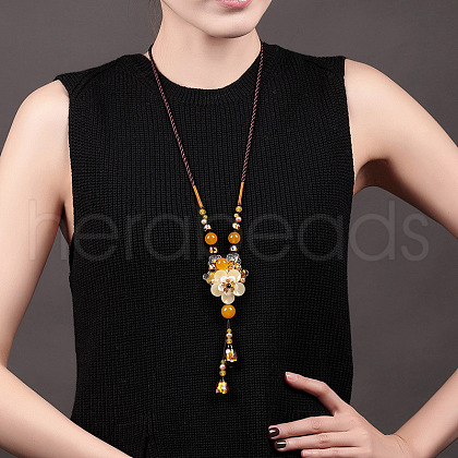 Ethnic Style Natural Shell & Agate & Handmade Lampwork Flower Big Pendant Necklaces FS-WGC615D-01-1
