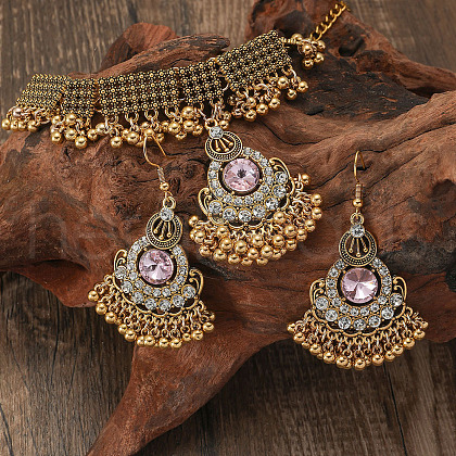 Bohemian Style Zinc Alloy & Rhinestone & Plastic Pearl Tassel Pendant Necklace & Dangle Earring FS-WG87356-06-1