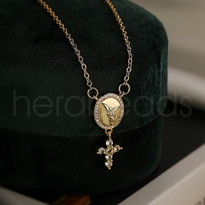 Brass Clear Cubic Zirconia Cross Rosary Bead Necklaces PW-WG7E954-02-1