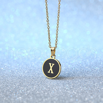 Alloy Black Enamel Disc with Initial Pendant Necklaces for Women WGEDF6F-24-1