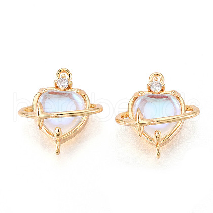 Brass Pave Clear AB Glass Cubic Zirconia Heart Planet with Star Connector Charms KK-N267-04P-1