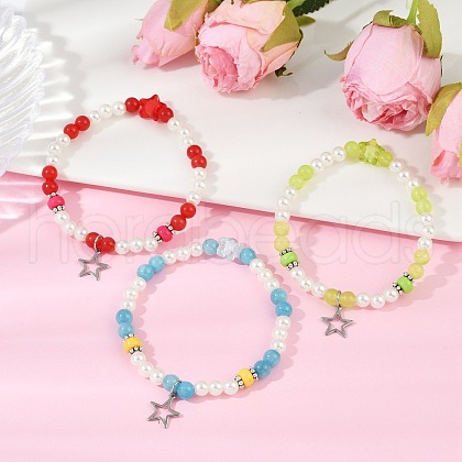 3Pcs 3 Colors Dyed Round Natural Malaysia Jade with ABS Plastic Pearl Beaded Stretch Bracelets BJEW-JB11643-1