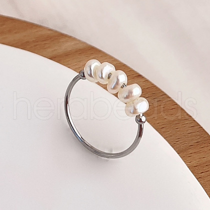 Mother's Day Jewellery 304 Stainless Steel with Natural Baroque Pearl Rondelle Beaded Finger Rings FS-WG39983-06-1