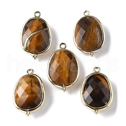 Natural Tiger Eye Faceted Oval Connector Charms G-H323-02G-08-1