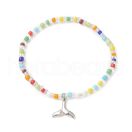 Colorful Seed Beaded Stretch Bracelet with Brass Charms for Women BJEW-JB09218-04-1