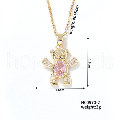 Brass Light Rosaline AB Rhinestone Cute Bear Pendant Necklaces for Women ME0336-2-1