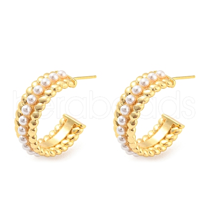 Rack Plating Brass Ring Stud Earrings with Plastic Pearl Beaded EJEW-A028-06G-1