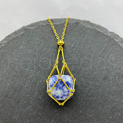 Natural Blue Spot Jasper Nuggets Macrame Pouch Pendant 201 Stainless Steel Chain Necklaces FS-WG7A779-18-1