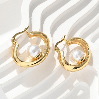 304 Stainless Steel & ABS Plastic Imitation Pearl Huggie Hoop Earrings EJEW-S253-24G-1