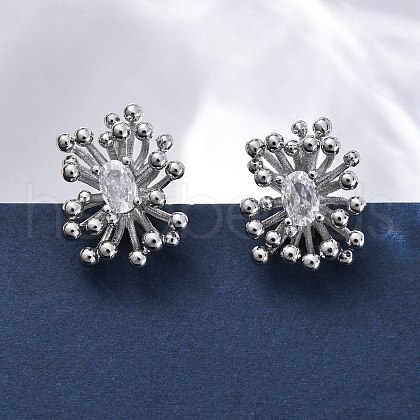 Flower Brass Clear Cubic Zirconia Stud Earrings EJEW-R025-22P-1