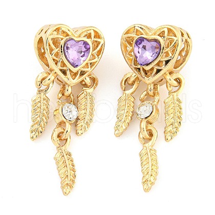 Rack Plating Alloy Pave Violet Rhinestone Heart with Feather European Dangle Charms FIND-B034-19G-03-1