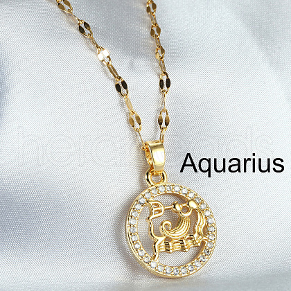 Twelve Constellation Alloy Crystal Rhinestone Pendant Necklaces for Women WG8B703-01-1