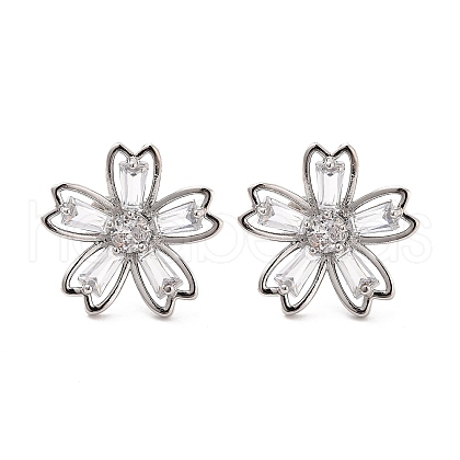 Rack Plating Flower Brass Micro Pave Clear Cubic Zirconia Stud Earrings EJEW-M029-01B-P-1