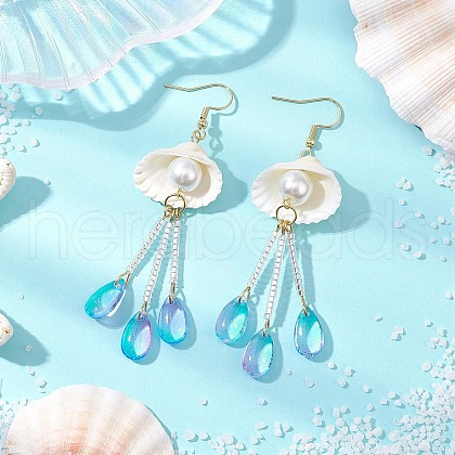 Glass & Natural Shell Dangle Earrings EJEW-MZ00384-1