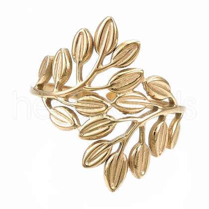 304 Stainless Steel Leaf Open Cuff Ring RJEW-T023-56G-1
