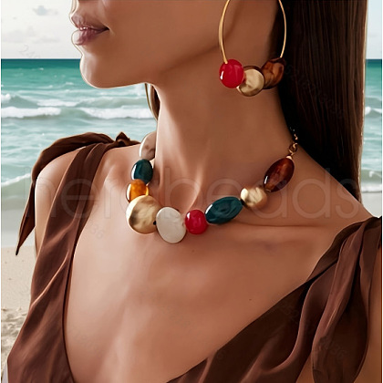 Alloy with Resin Oval Beaded Necklace & Hoop Earring FS-WGC36D0-01-1