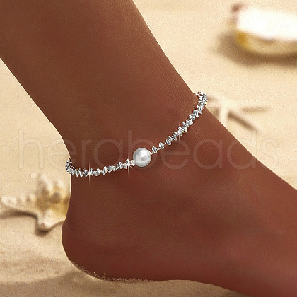 Round Plastic Pearl & Alloy Chain Anklets for Women FS-WGFFC1B-06-1