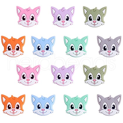 14Pcs 7 Styles Cat Head Silicone Focal Beads JX664A-1