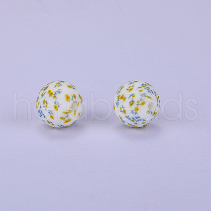 Printed Round with Flower Pattern Silicone Focal Beads SI-JX0056A-165-1